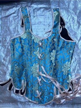 Blue-Green Brocade Corset Top with Ribbon Lace Sz Medium